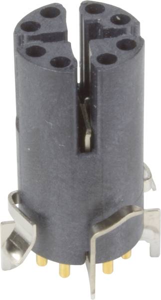 Ein schwarzer, zylindrischer Steckverbinder mit mehreren Metallanschlüssen an der Unterseite und Metallklammern zur Befestigung.