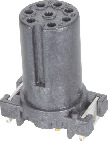 Zylindrischer schwarzer Kunststoff-Stecker mit mehreren Löchern oben und zwei seitlichen Kontakten unten, geeignet für elektronische Verbindungen.