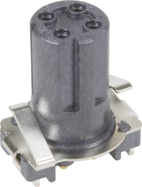 6-polige Buchse, zylindrische Form, schwarzes Gehäuse, silberne Metallkontakte an der Basis, geeignet für elektronische Verbindungen.