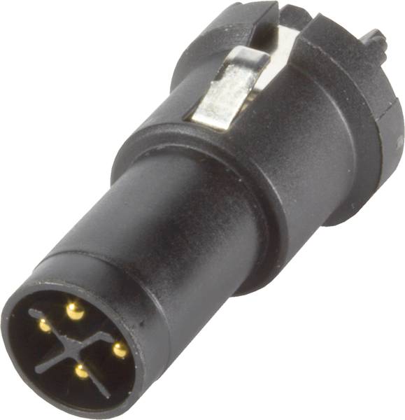 Schwarzer, zylindrischer elektrischer Stecker mit vier goldfarbenen Pins.