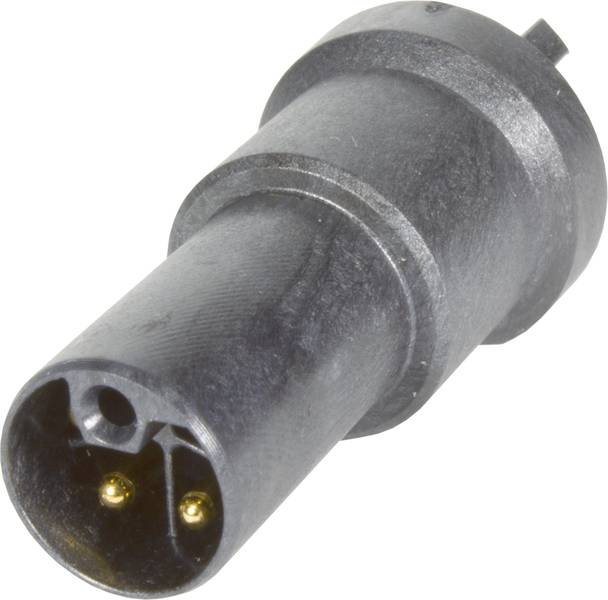 Ein schwarzer, zylindrischer Steckverbinder mit zwei goldfarbenen Kontakten.
