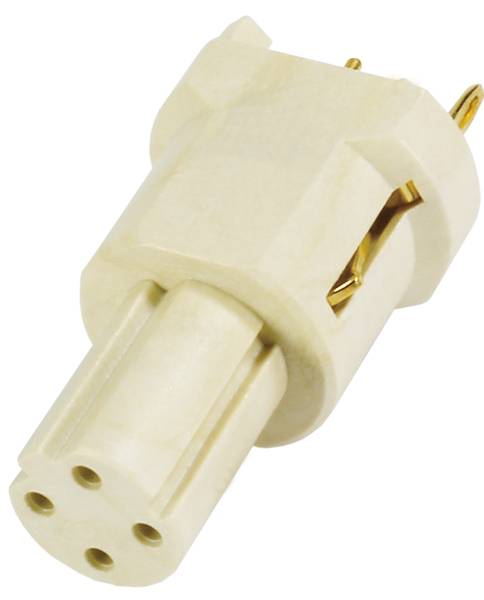 Ein dreipoliger elektrischer Stecker, beige, aus Kunststoff mit drei runden Öffnungen vorne, umgeben von einem runden Gehäuse.
