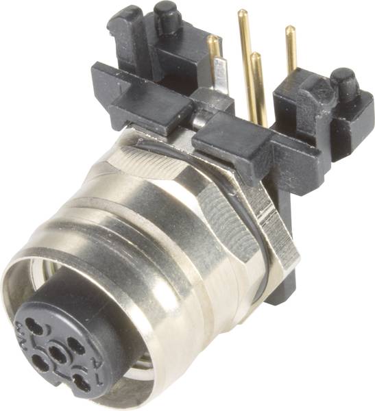 Ein runder Metallstecker mit schwarzem Kunststoff und mehreren goldenen Pins, verwendet für elektronische Verbindungen.