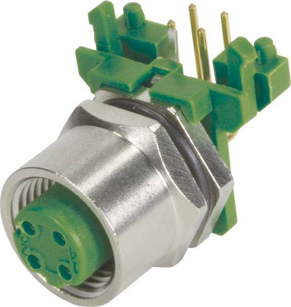 Ein grüner, elektronischer Stecker mit Metallgehäuse und mehreren Kontakten.