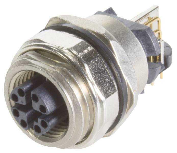 Ein sechspoliger elektrischer Steckverbinder aus silberfarbenem Metall und Kunststoff, ideal für komplexe elektronische Verbindungen.