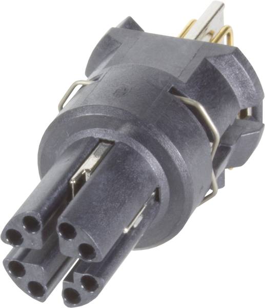 Ein schwarzer zylindrischer elektrischer Stecker mit mehreren Steckplätzen, bestehend aus Kunststoff und Metallkomponenten.