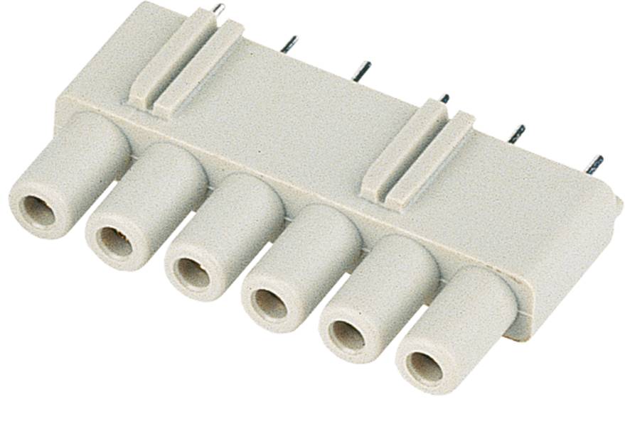 Ein sechspoliger Steckverbinder in Weiß, geeignet für elektrische Geräte. Die Kontakte sind an der Unterseite angeordnet.