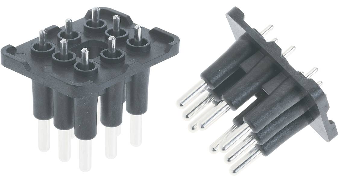 Steckverbinder mit sechs Metallpins und schwarzem Kunststoffgehäuse in zwei Perspektiven, geeignet für elektronische Verbindungen.