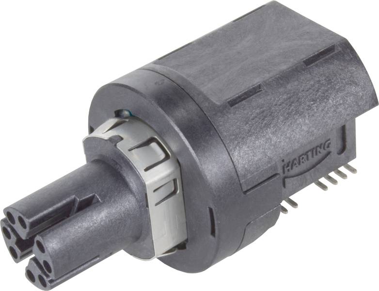 Schwarzer Steckverbinder mit mehreren Kontakten und silbernem Metallband. Geeignet für elektronische Verbindungen in industriellen Anwendungen.