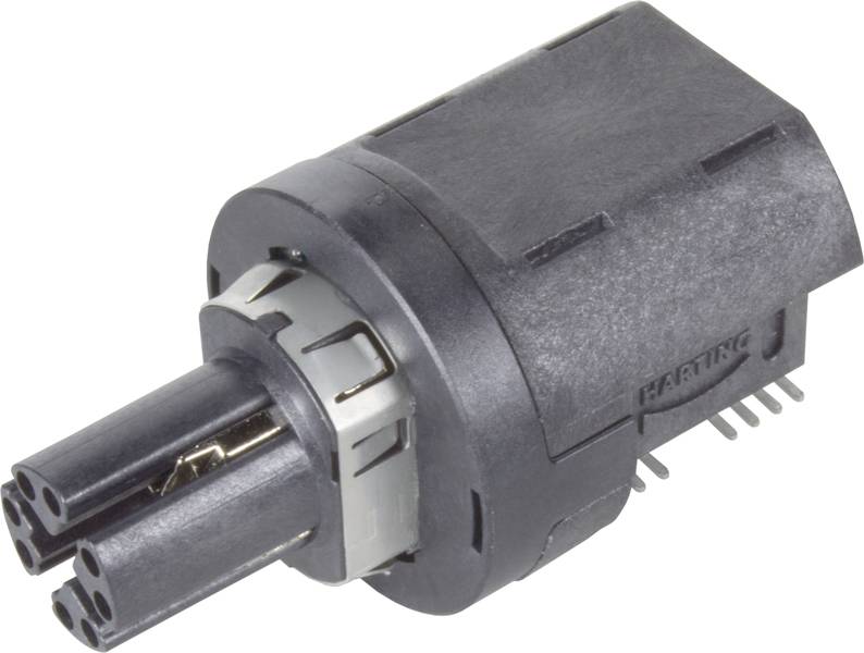 Kunststoff-Stecker mit drei runden Buchsen, grauem Gehäuse und Metallring, seitlich gesehen.