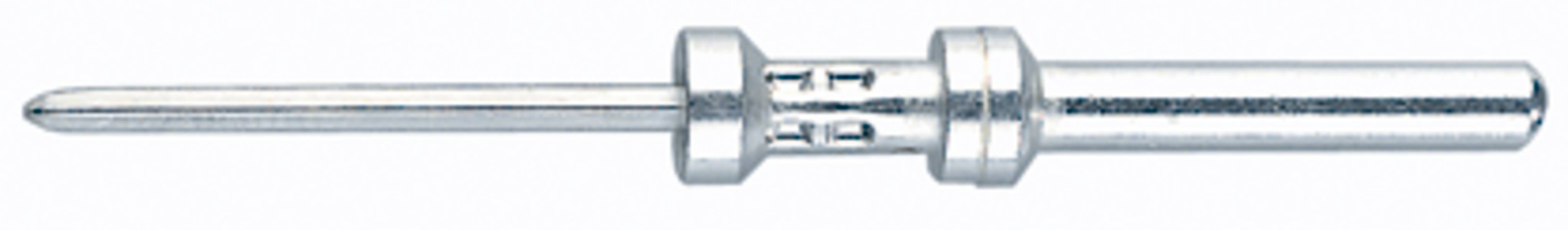 Ein langer, silberner Metallstift mit einem ringförmigen Abschnitt zur Verbindung. Verwendet für elektrische Verbindungen oder mechanische Befestigungen.