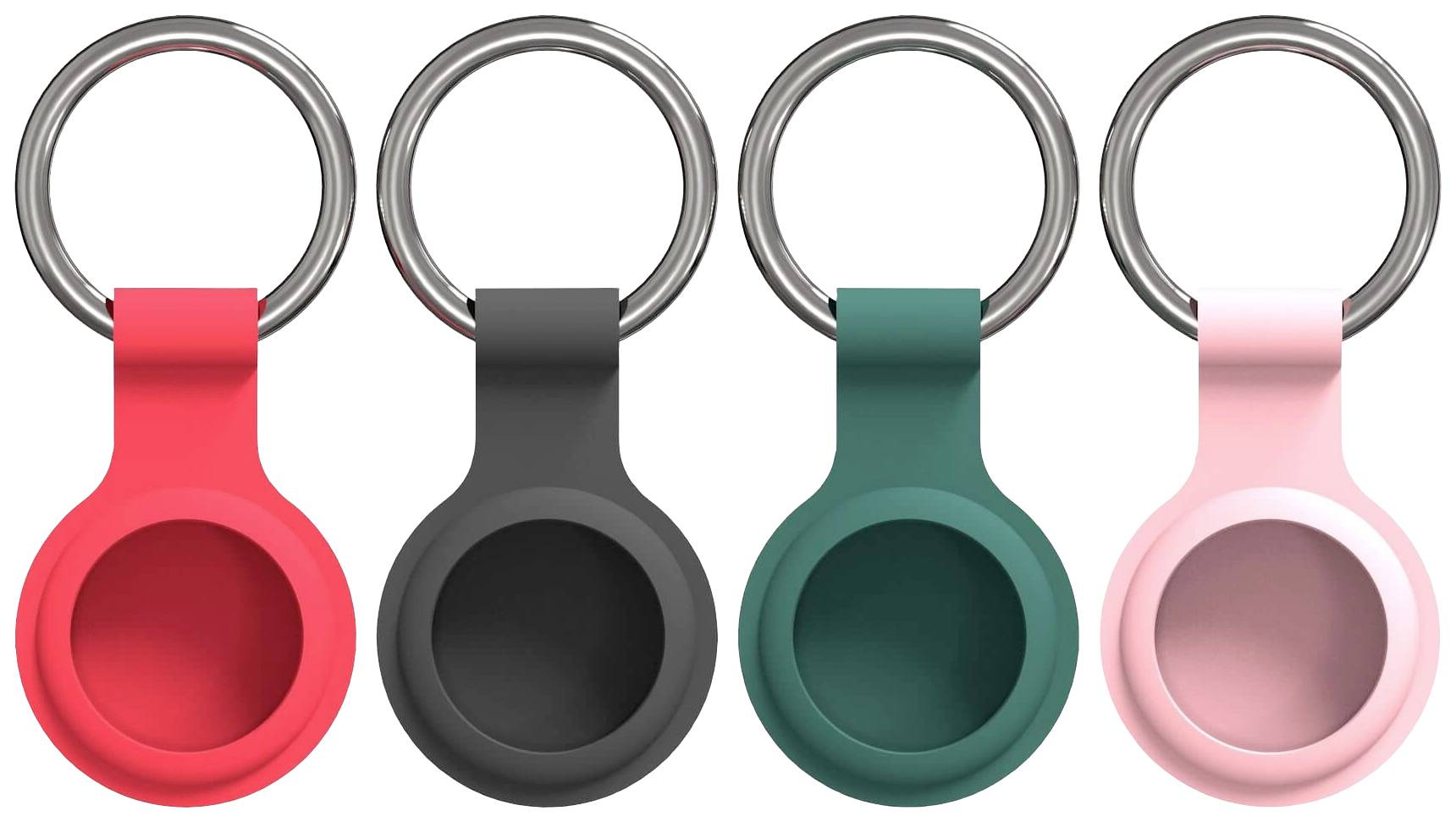 Vier Schlüsselanhänger in Rot, Schwarz, Grün und Rosa, nebeneinander angeordnet. Jeder hat einen kreisförmigen Ausschnitt.