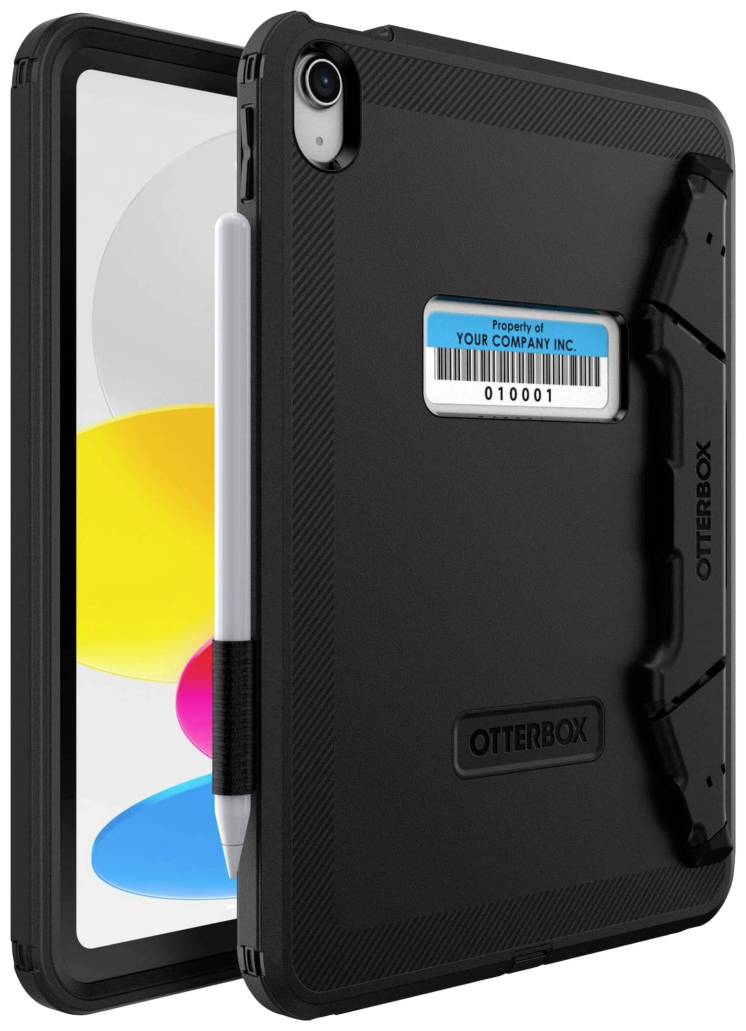 Tablet mit robustem schwarzen Otterbox-Gehäuse, Stifthalterung an der Seite, Etikett mit 'Property of Your Company Inc. 010001' auf der Rückseite.