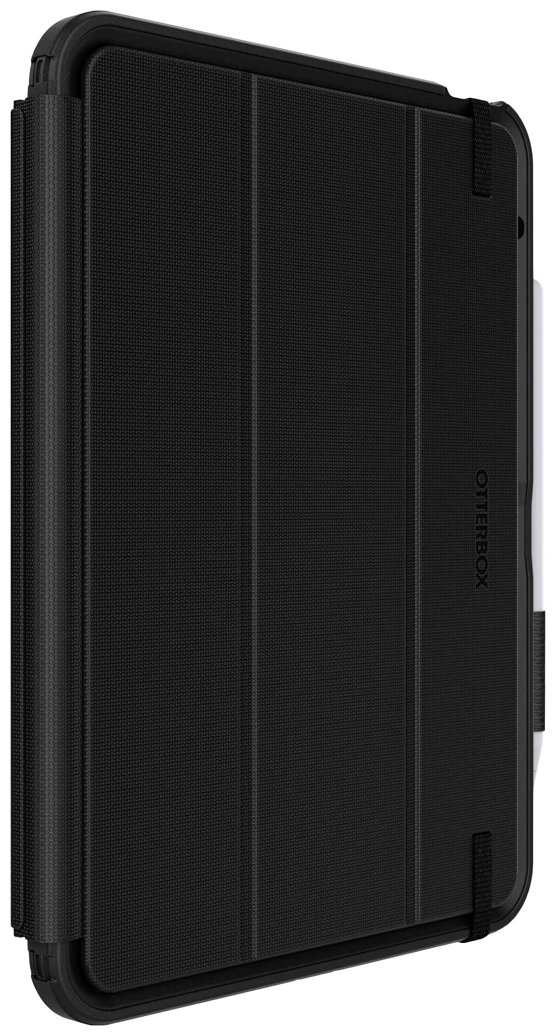 Schwarzes Tablet mit einer robusten Schutzhülle von Otterbox, stehend im Hochformat.