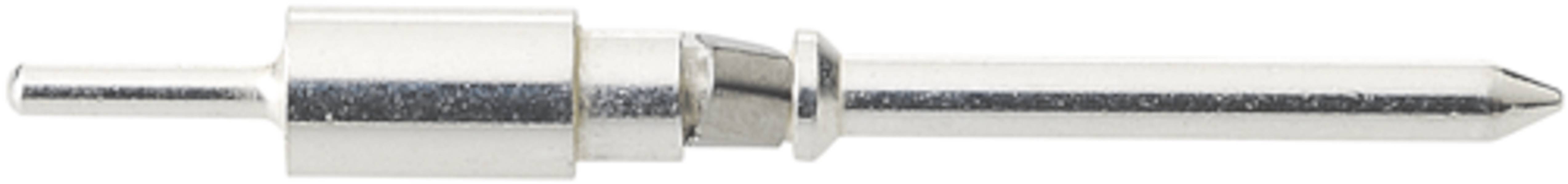 Metallischer Steckanschluss mit rundem, schmalem Ansatz und breiterem, zylindrischem Bereich; möglicherweise ein Audioadapter.