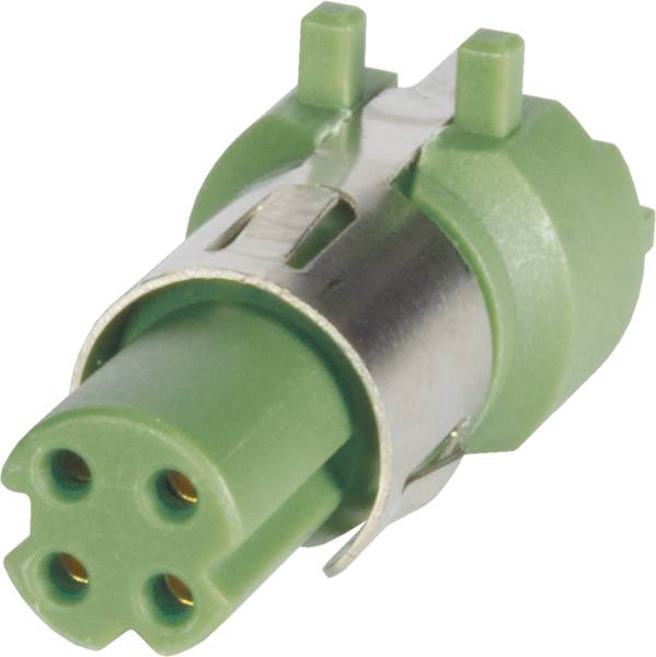 Grüner elektrischer Steckverbinder mit drei Kontakten, zylindrischer Form und Metallklammer zur Befestigung.