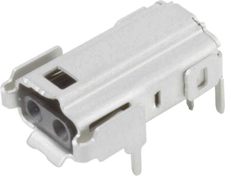 Kleiner, silberner elektrischer Stecker mit zwei Anschlüssen, seitlicher Befestigung und rechteckigem Gehäuse.