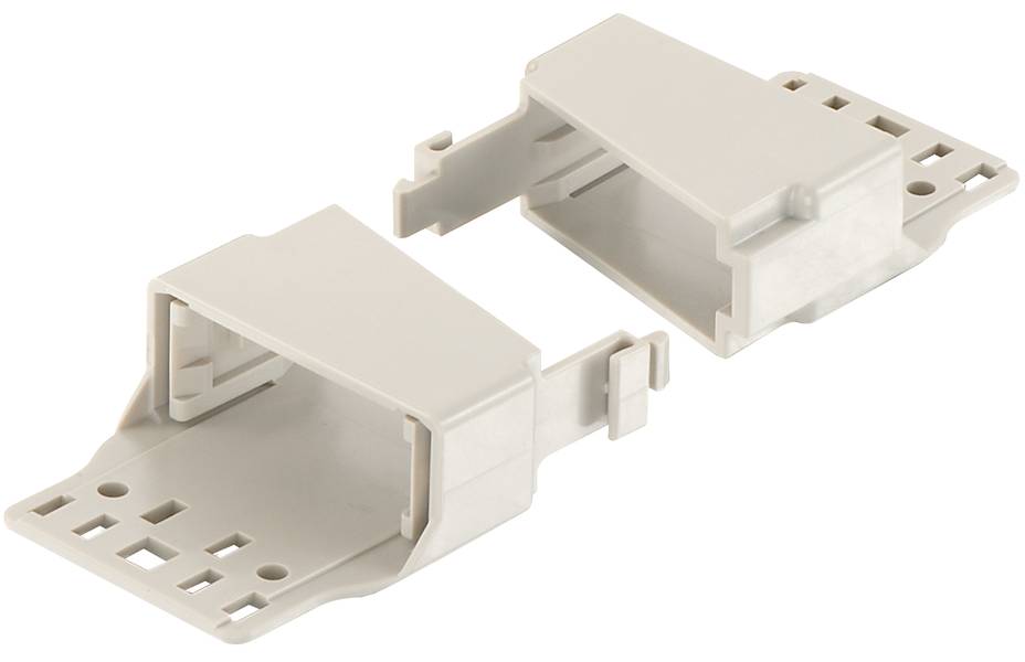 Zwei weiße, rechteckige Kunststoffgehäusehälften mit Clips, die zur elektrischen oder elektronischen Verbindung verwendet werden.