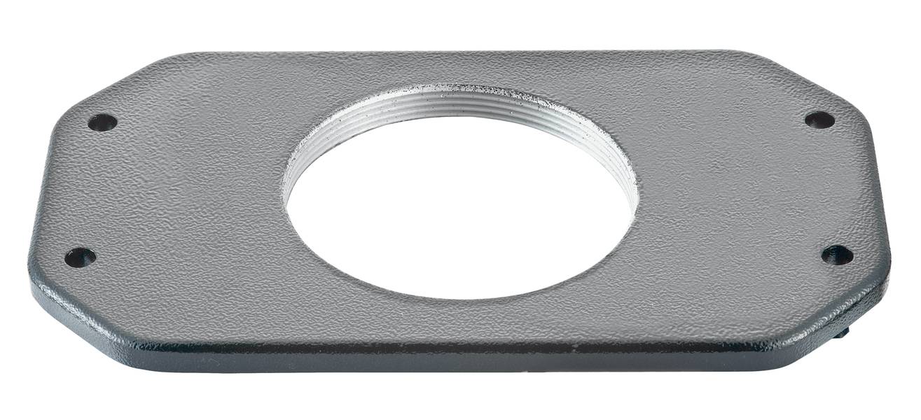 Graues rechteckiges Metall-Verbindungsstück mit rundem Loch und vier Bohrungen an den Ecken. Verwendung in technischen Installationen.