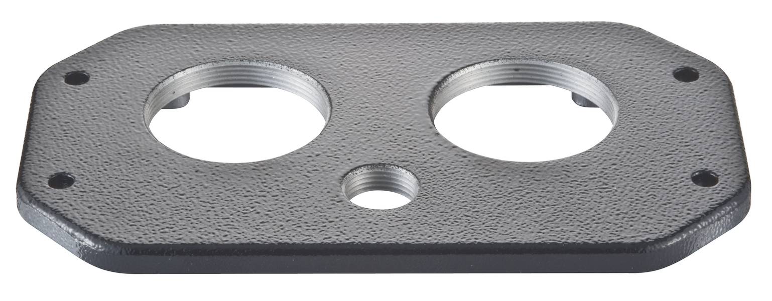 Metallplatte mit drei runden Öffnungen, mittig kleiner; zwei größere Öffnungen daneben. Dient zur Montage oder Verbindung technischer Komponenten.
