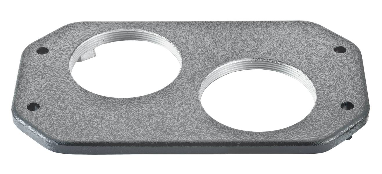 Graue Metallplatte mit zwei runden Löchern und schraubbaren Rändern, möglicherweise zur Befestigung an einer Oberfläche.
