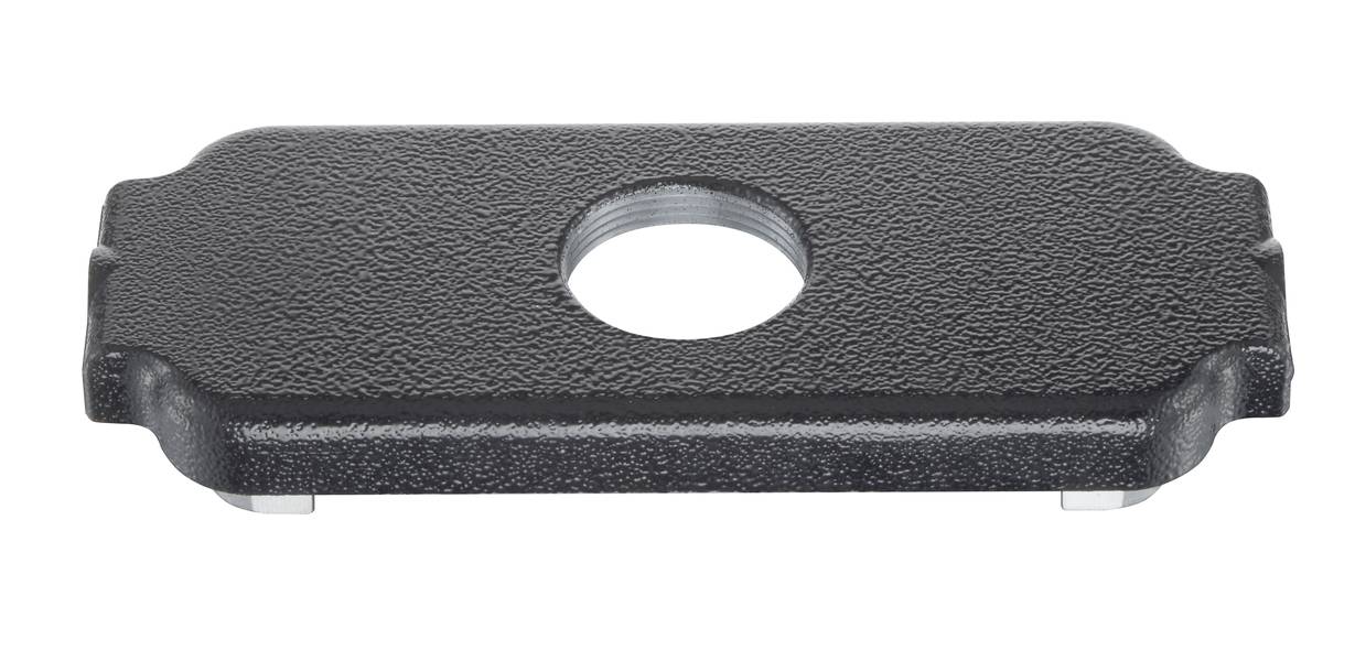 Ein rechteckiges, strukturiertes Metallteil mit einem zentralen Loch, geeignet für mechanische oder industrielle Anwendungen.