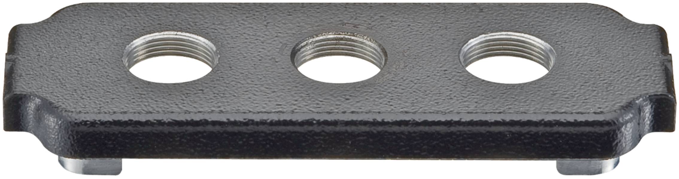 Eine schwarze Metallplatte mit drei Gewindelöchern, parallel ausgerichtet, auf weißem Hintergrund.