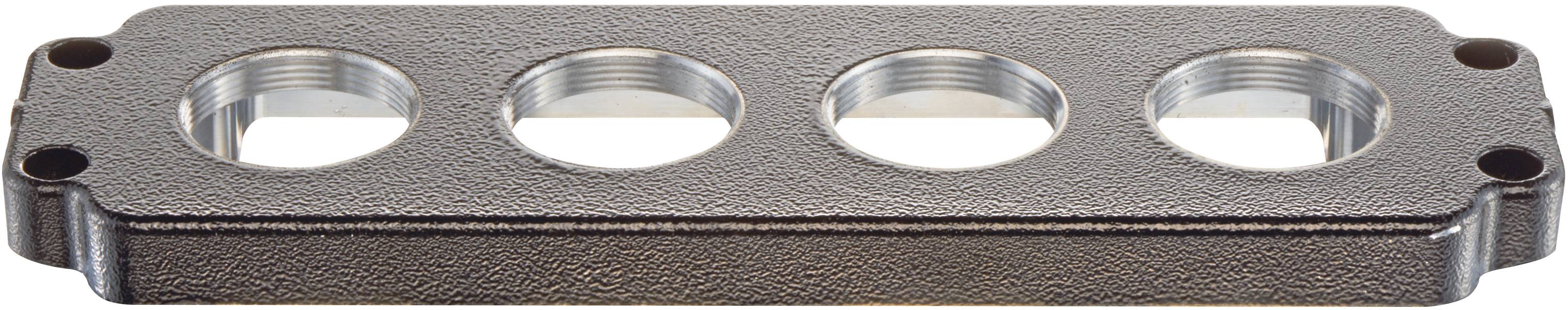 Metallblock mit vier runden Öffnungen in einer Reihe, möglicherweise für industrielle oder mechanische Zwecke geeignet.