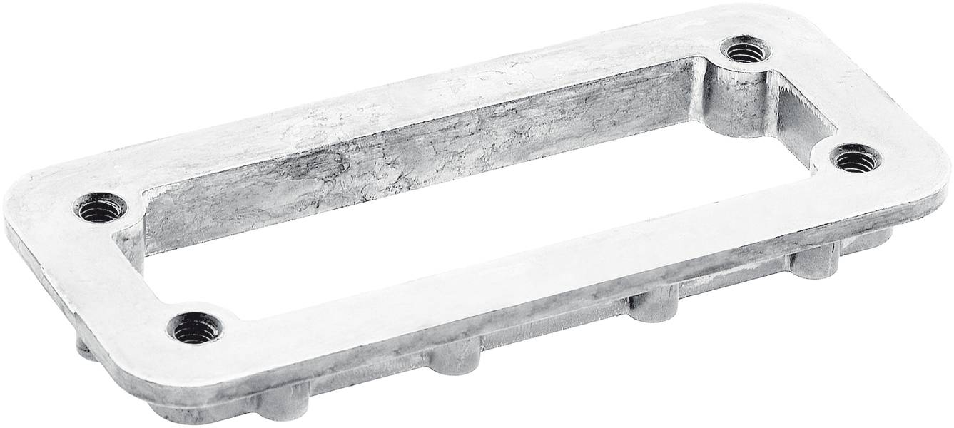 Metallrahmen mit rechteckiger Öffnung und Schraublöchern an den Ecken, verwendet zur Befestigung oder als Befestigungselement.