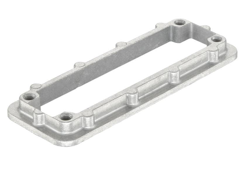 Metallischer rechteckiger Rahmen mit abgerundeten Ecken und mehreren Schraublöchern, der für industrielle Anwendungen verwendet werden könnte.