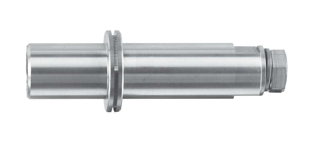 Ein zylindrisches Metallbauteil mit Flansch und Schraubgewinde.