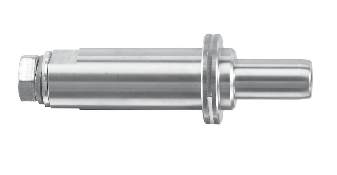 Ein zylindrisches Metallbauteil mit Flansch und Schraubgewinde, seitlich abgebildet.