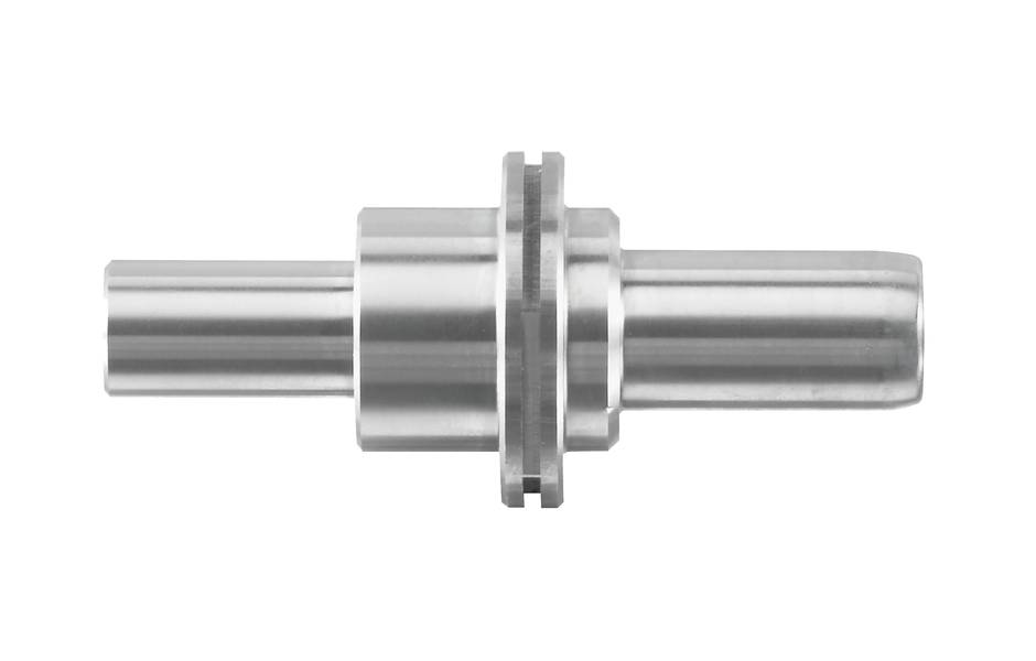 Ein zylindrisches Maschinenteil aus poliertem Metall mit mehreren Abschnitten und flachen Rillen in der Mitte.