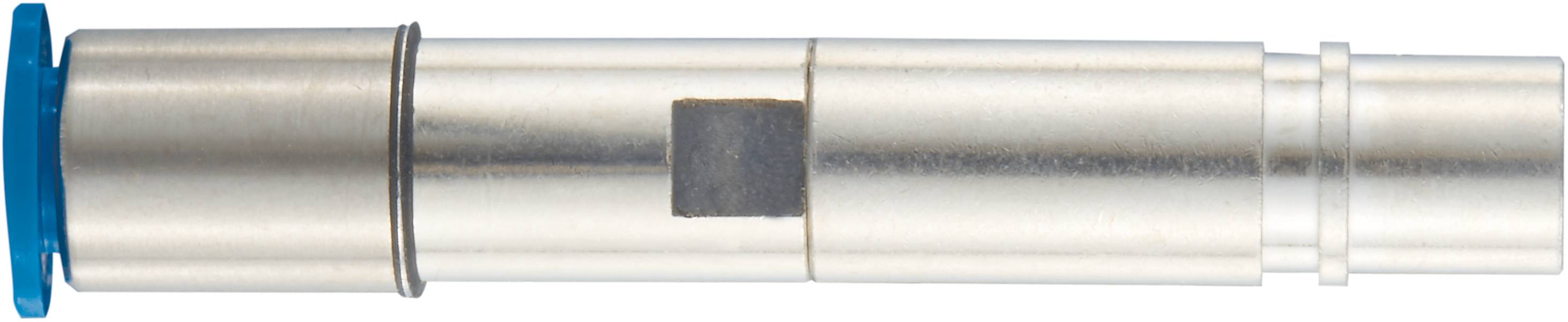 Metallzylinder in seitlicher Ansicht mit blauem Ende und schwarzem rechteckigen Detail in der Mitte; technische Komponente.