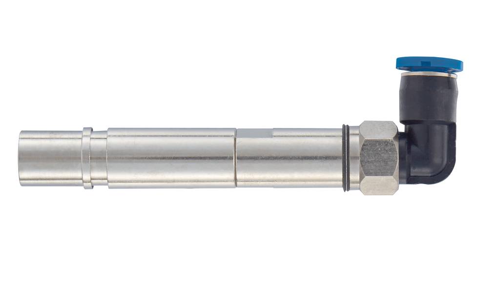 Metallische Rohrleitung mit rechtwinkligem Kunststoffanschluss und blauem Ventil, horizontal ausgerichtet.