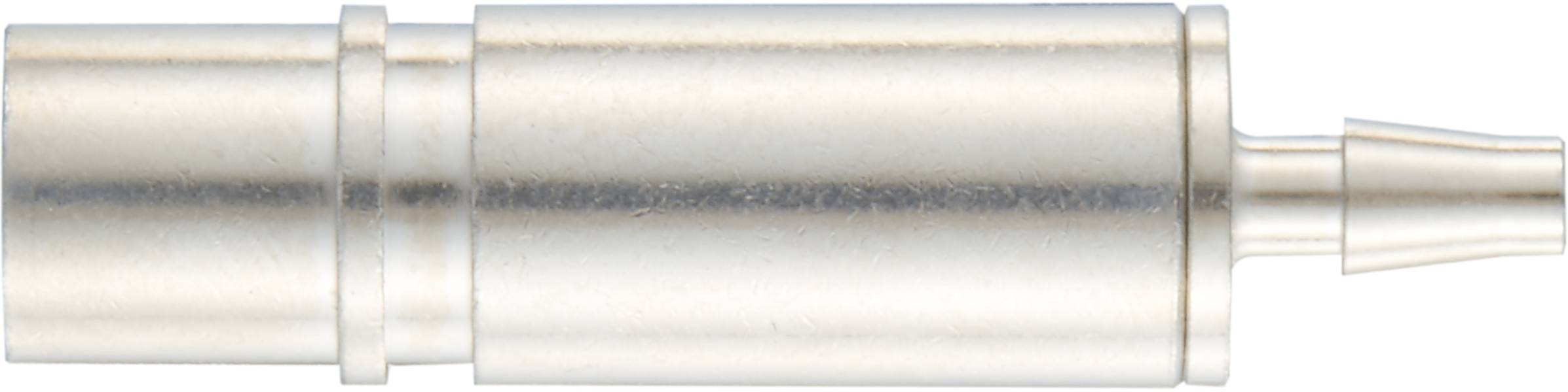 Metallischer Adapter, zylindrische Form, mit einer schmaleren Spitze rechts. Wird häufig zum Anschluss technischer Geräte verwendet.