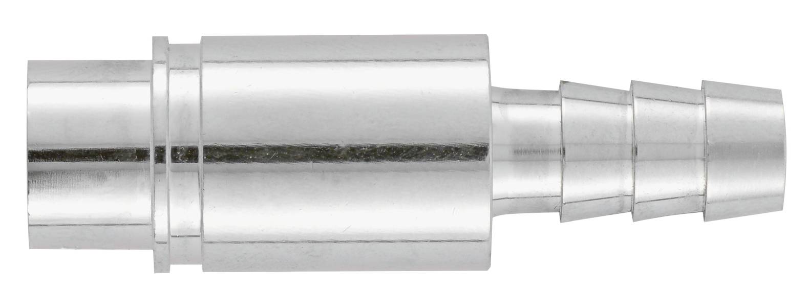 Metallischer Schlauchanschluss mit Rippen zur einfachen Befestigung von Schläuchen, zylindrische Form mit gleichmäßigem Durchmesser.
