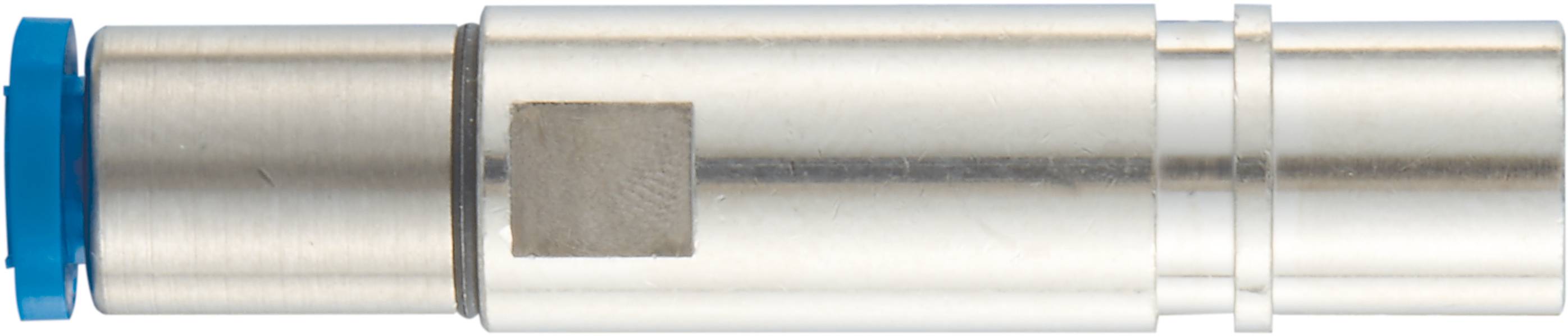 Zylinderförmiges Metallteil mit blauem Ende, möglicherweise ein mechanisches oder elektronisches Bauteil.