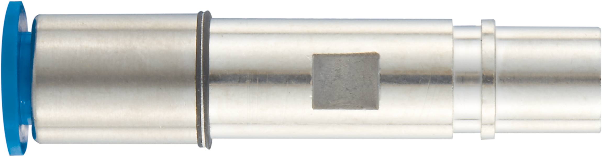 Metallischer Zylinder mit blauem Rand und Gummidichtung; technisches Bauteil ohne sichtbare Beschriftung oder Markierungen.