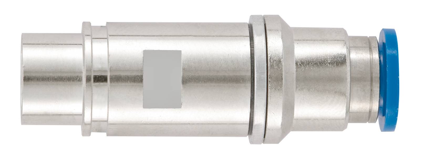 Ein silbernes Metallteil mit einem blauen Ende, vermutlich ein pneumatischer Steckanschluss oder Ventiladapter für technische Anwendungen.