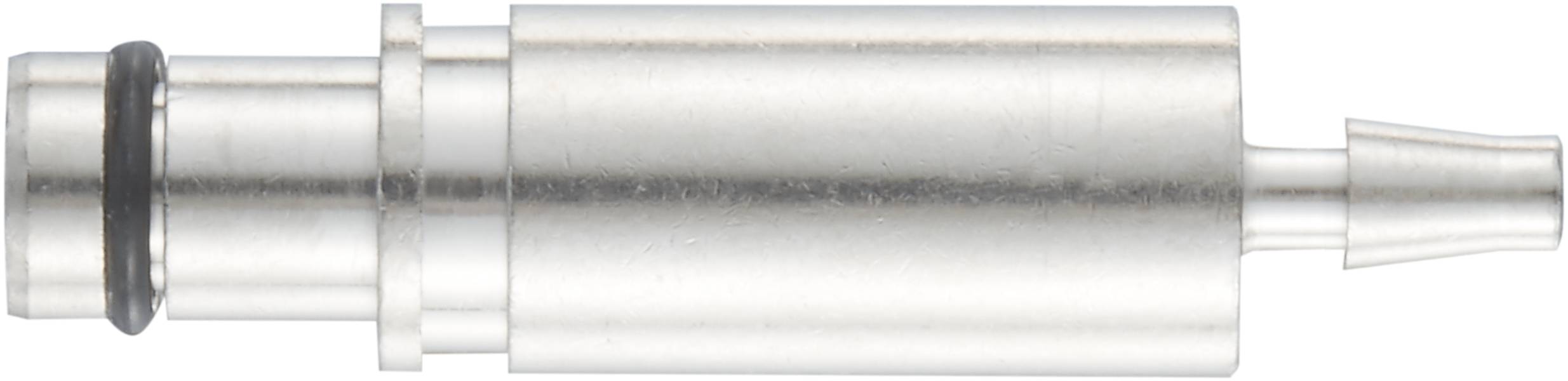 Metallischer Adapter mit O-Ring und schmalem, konischem Auslass auf der rechten Seite. Hauptsächlich für Verbindungszwecke verwendet.
