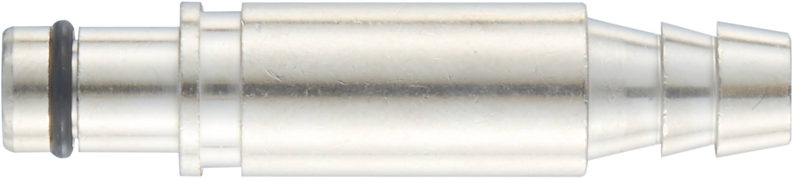 Metallischer Steckverbinder mit schwarzem Dichtungsring, zylindrische und konische Form, vermutlich für Rohrsysteme geeignet.