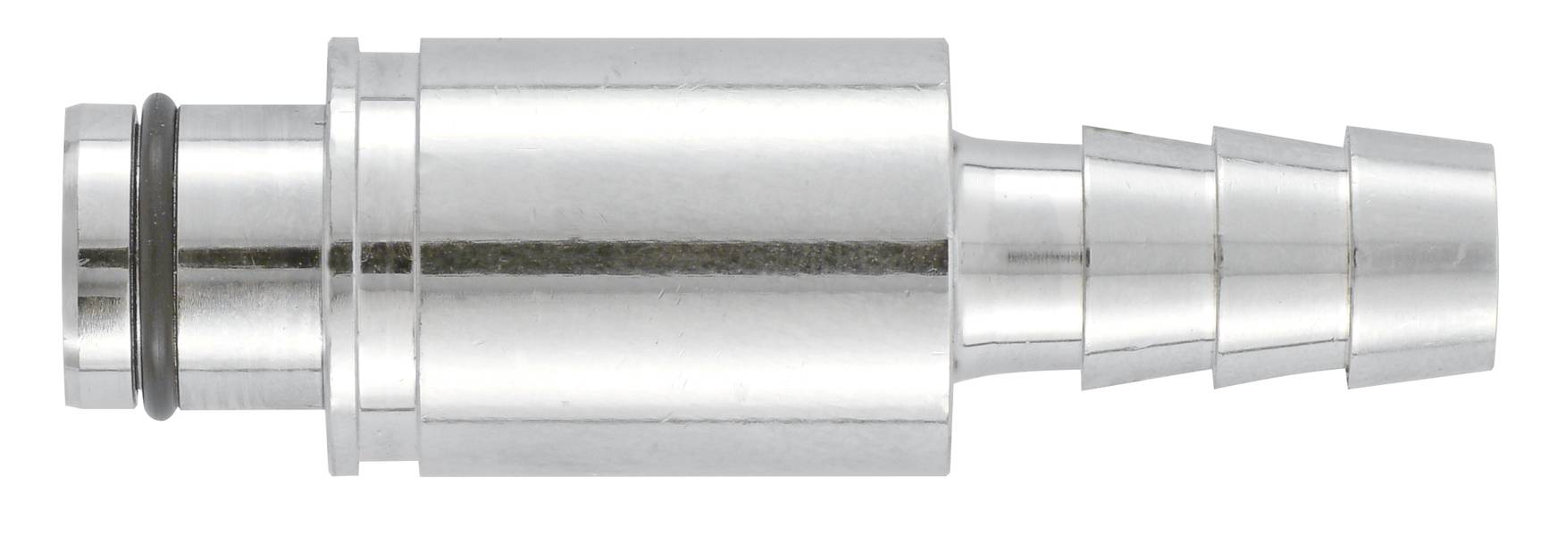 Eine silberne Metallkupplung mit mehreren abgestuften Abschnitten und einem Gummidichtungsring links, horizontal ausgerichtet.