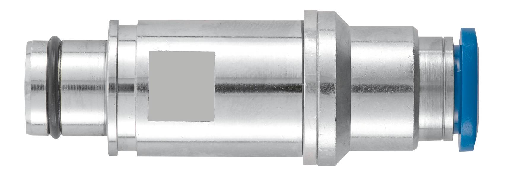 Metallische zylindrische Kupplung mit blauer Kappe, verwendet für pneumatische Systeme.