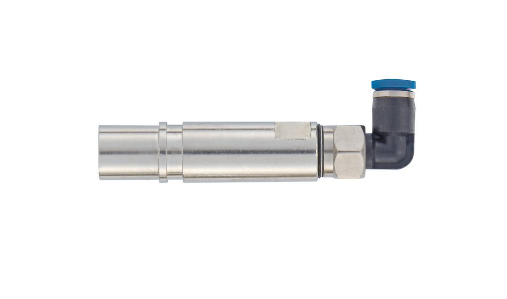 Silbernes pneumatisches Ventil mit blauer Kappe, L-förmiger Anschluss. Verwendet für Luftdrucksysteme in Maschinen.