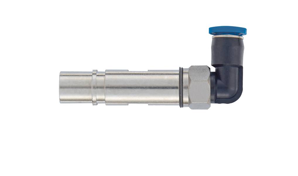 Ein rechteckiger Metallanschluss mit einem blauen Verschluss auf der rechten Seite. Verwendet für Rohr- oder Schlauchverbindungen.