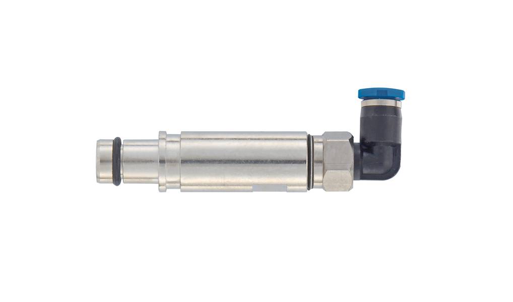 Metallischer Steckverbinder mit 90-Grad-Winkel und blauer Endkappe, geeignet für pneumatische Verbindungen in industriellen Anwendungen.