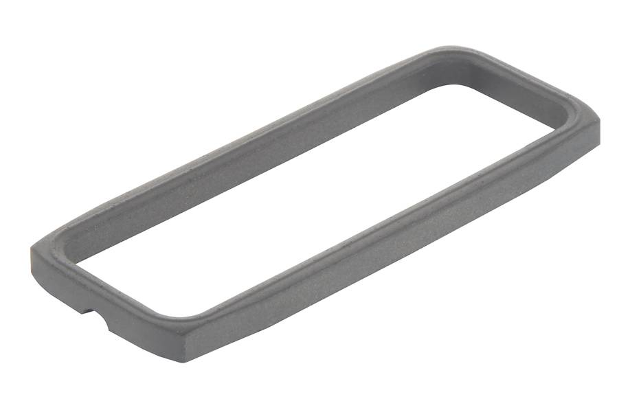 Rechteckiger Kunststoffrahmen in Grau, möglicherweise Teil eines Produkteinsatzes oder Halters, mit glatter Oberfläche und abgerundeten Ecken.