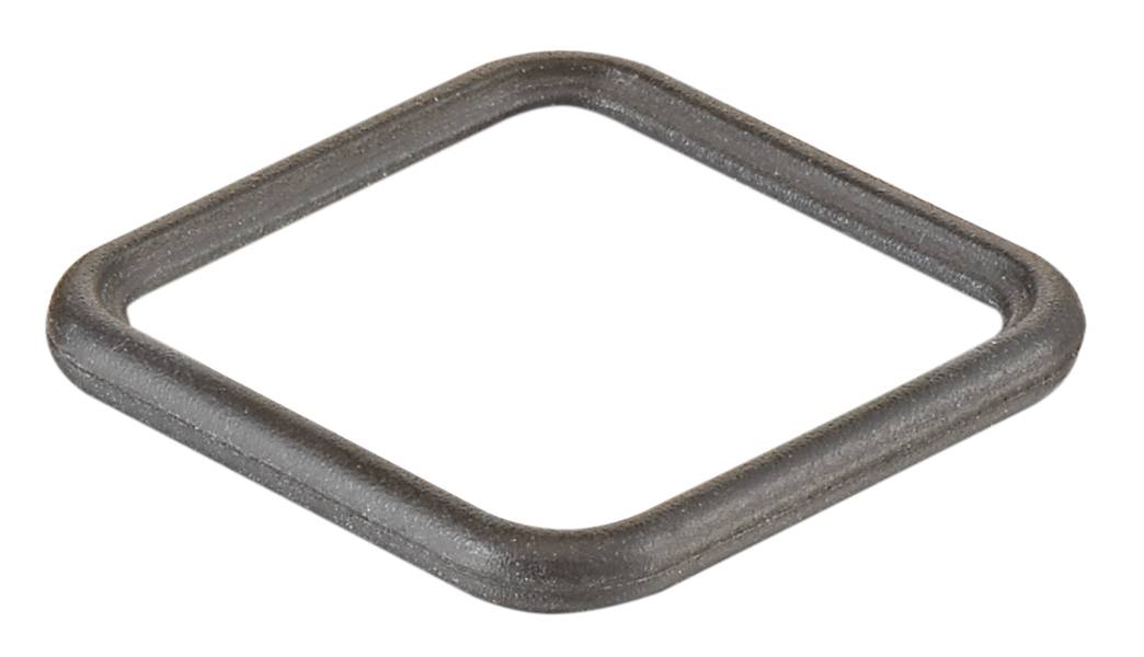 Ein grauer, quadratischer Metallring liegt auf einer weißen Oberfläche.