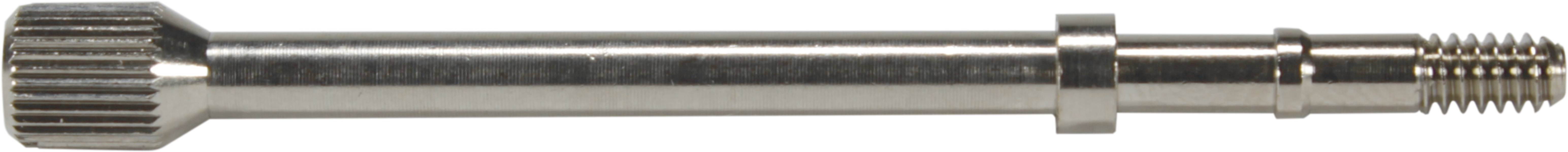 Ein silberner Metallstift mit einem geriffelten Kopf und einem Gewinde am anderen Ende.